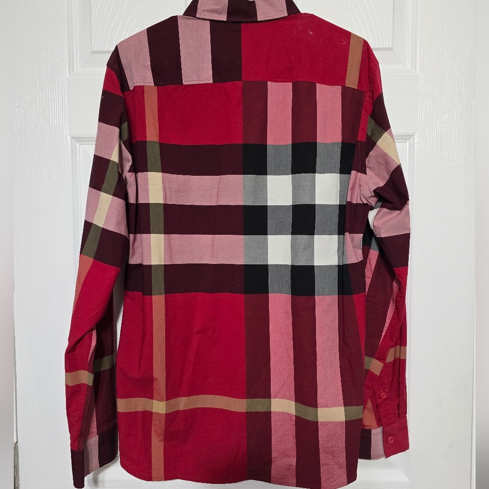 Burberry Check Stretch Cotton Poplin Shirt Red Multicolor Long Sleeve. Large - Picture 11 of 11